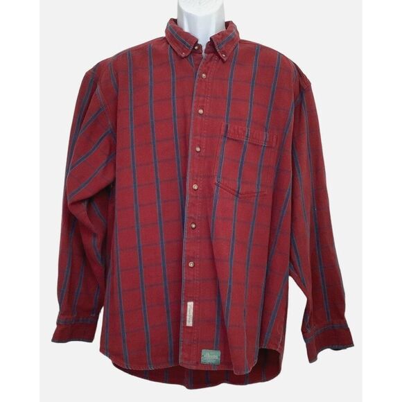 Vintage 90s BAXTER BRAND Indigo Denim Button Down Shirt XL Windowpane Plaid LS - Picture 1 of 5